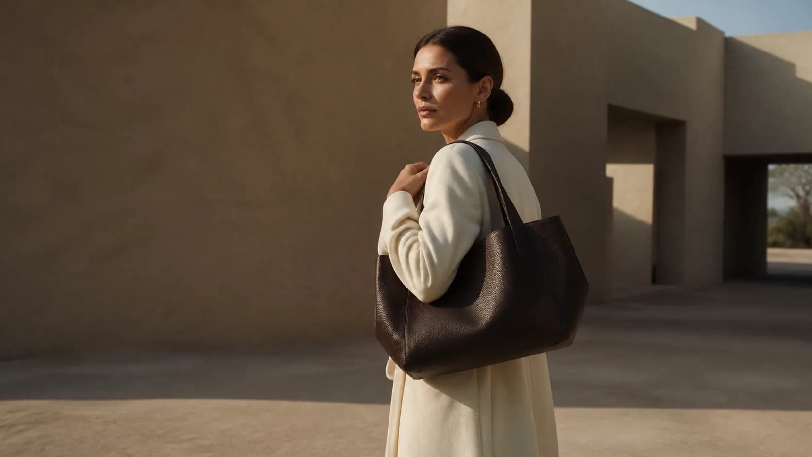 Woman with a leather handbag in a premium editorial setting